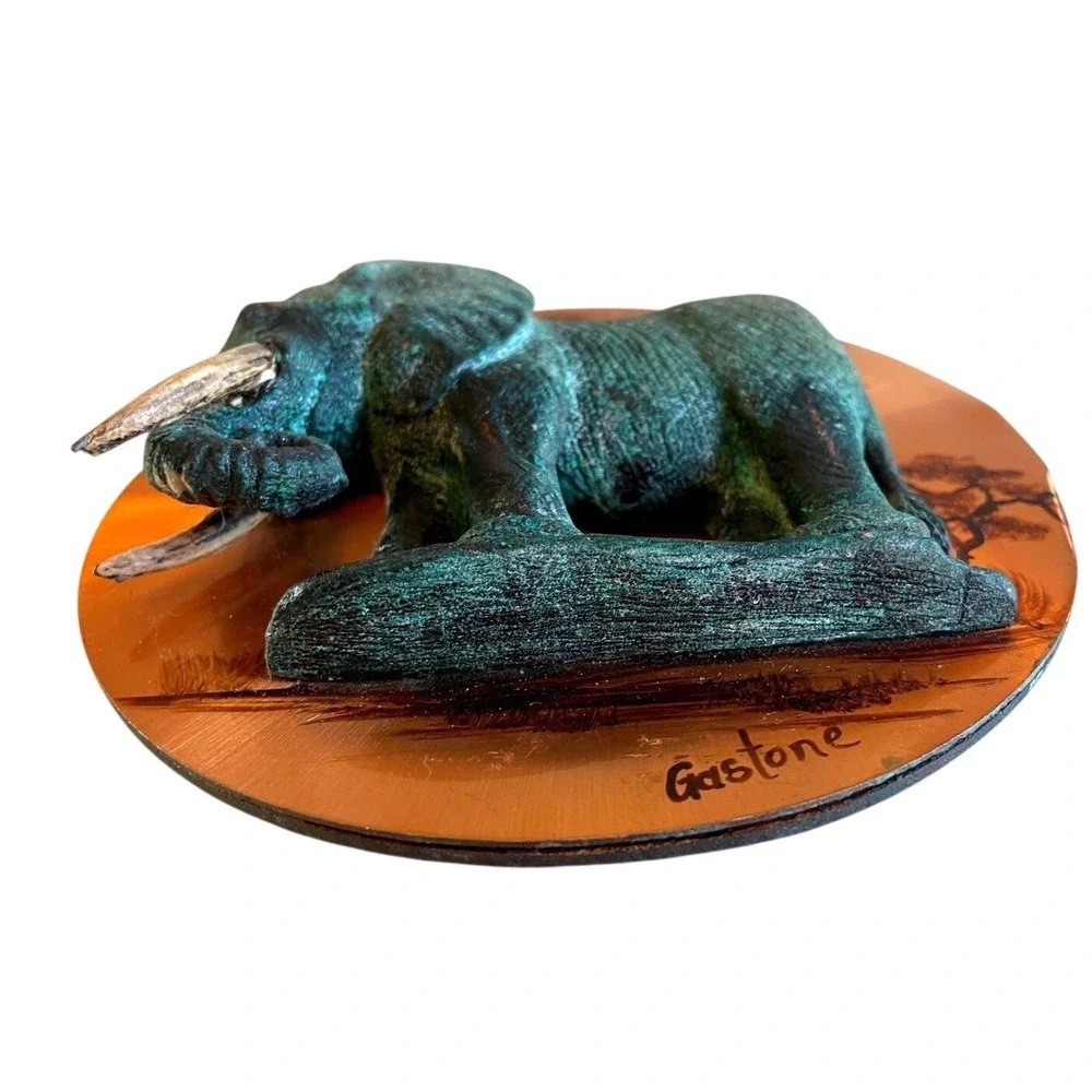 Gaston Signed Embossed Elephant 3D‎ Copper Art Plaque Wall Decor Vintage 6.5in